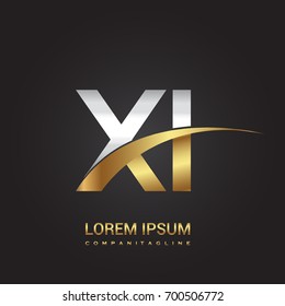 initial letter XI logotype company name colored gold and silver swoosh design. isolated on black background.