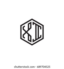 Initial letter XI, minimalist line art monogram hexagon logo, black color