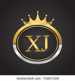 initial letter XJ logotype company name with oval shape and crown, gold and silver color. vector logo for business and company identity.