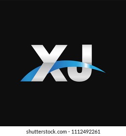 Initial letter XJ, overlapping movement swoosh logo, metal silver blue color on black background