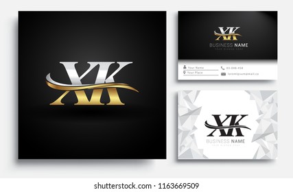 initial letter XK logotype company name colored gold and silver swoosh design. Vector sets for business identity on white background.