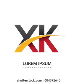 initial letter XK logotype company name colored red, black and yellow swoosh design. isolated on white background.