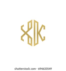 Initial letter XK, minimalist line art hexagon shape logo, gold color