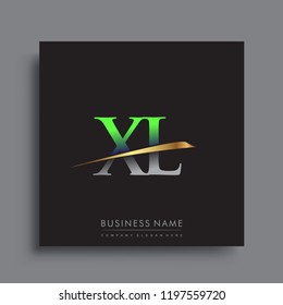 initial letter XL logotype company name colored green and gold swoosh design. vector logo for business and company