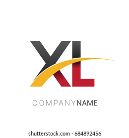 initial letter XL logotype company name colored red, black and yellow swoosh design. isolated on white background.