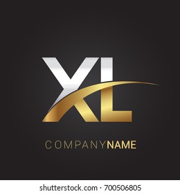 initial letter XL logotype company name colored gold and silver swoosh design. isolated on black background.