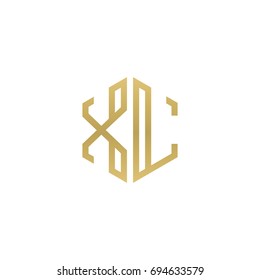 Initial letter XL, minimalist line art hexagon shape logo, gold color
