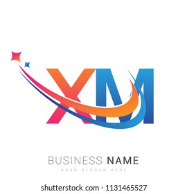 initial letter XM logotype company name colored orange, red and blue swoosh star design. vector logo for business and company identity.
