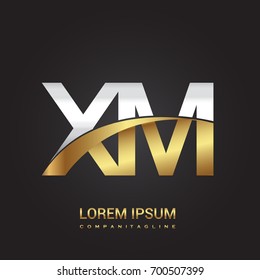 initial letter XM logotype company name colored gold and silver swoosh design. isolated on black background.