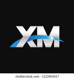 Initial letter XM, overlapping movement swoosh logo, metal silver blue color on black background