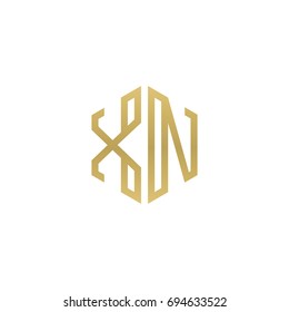 Initial letter XN, minimalist line art hexagon shape logo, gold color