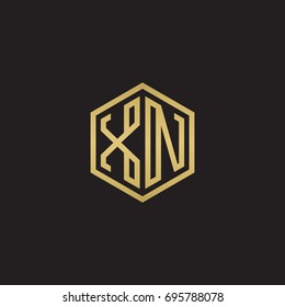 Initial letter XN, minimalist line art hexagon logo, gold color on black background