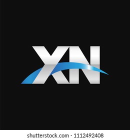 Initial letter XN, overlapping movement swoosh logo, metal silver blue color on black background