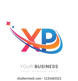 initial letter XP logotype company name colored orange, red and blue swoosh star design. vector logo for business and company identity.
