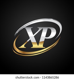 initial letter XP logotype company name colored gold and silver swoosh design. isolated on black background.