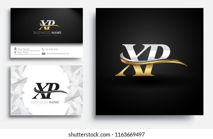 initial letter XP logotype company name colored gold and silver swoosh design. Vector sets for business identity on white background.