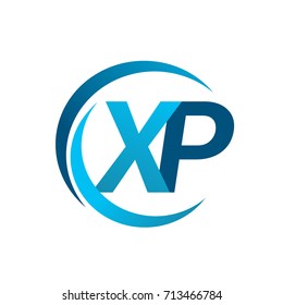 initial letter XP logotype company name blue circle and swoosh design. vector logo for business and company identity.