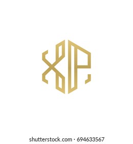 Initial letter XP, minimalist line art hexagon shape logo, gold color