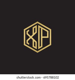 Initial letter XP, minimalist line art hexagon logo, gold color on black background