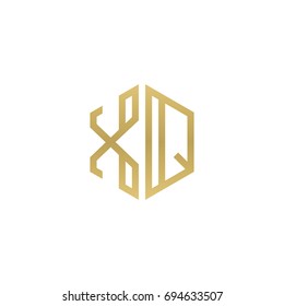 Initial letter XQ, minimalist line art hexagon shape logo, gold color