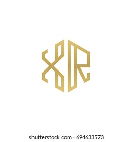 Initial letter XR, minimalist line art hexagon shape logo, gold color