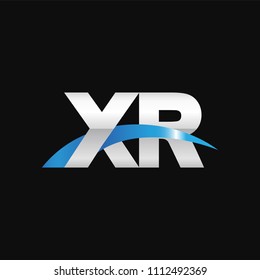 Initial letter XR, overlapping movement swoosh logo, metal silver blue color on black background