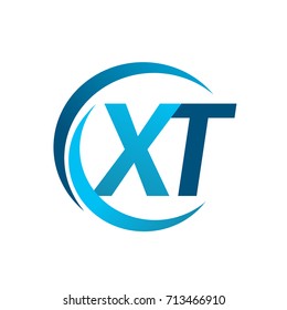initial letter XT logotype company name blue circle and swoosh design. vector logo for business and company identity.