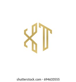 Initial letter XT, minimalist line art hexagon shape logo, gold color