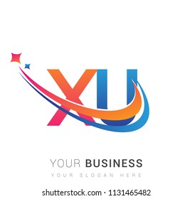 initial letter XU logotype company name colored orange, red and blue swoosh star design. vector logo for business and company identity.

