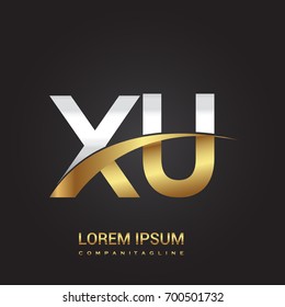 initial letter XU logotype company name colored gold and silver swoosh design. isolated on black background