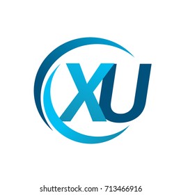 initial letter XU logotype company name blue circle and swoosh design. vector logo for business and company identity.