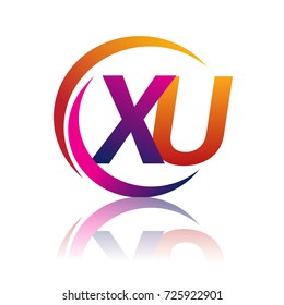 initial letter XU logotype company name orange and magenta color on circle and swoosh design. vector logo for business and company identity.