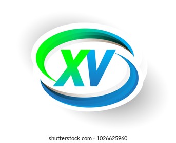 initial letter XV logotype company name coloured blue and green swoosh design, modern logo concept. vector logo for business and company identity.