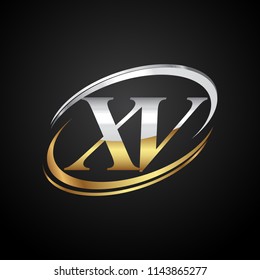 initial letter XV logotype company name colored gold and silver swoosh design. isolated on black background.