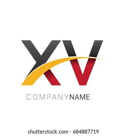initial letter XV logotype company name colored red, black and yellow swoosh design. isolated on white background.
