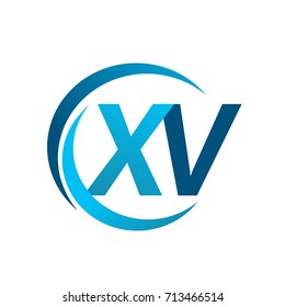 initial letter XV logotype company name blue circle and swoosh design. vector logo for business and company identity.