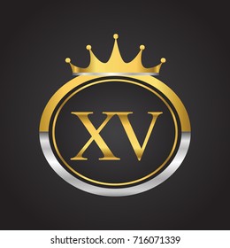 initial letter XV logotype company name with oval shape and crown, gold and silver color. vector logo for business and company identity.