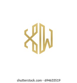 Initial letter XW, minimalist line art hexagon shape logo, gold color