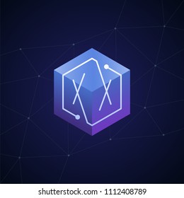 Initial letter XX, block chain, looping mono line circuit letter on hexagon cube logo, blue magenta gradient color on black blue network background