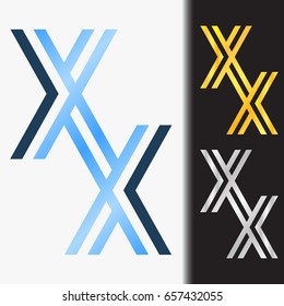 Initial letter XX premium blue metallic rotated lowercase logo template in white background, and custom preview in gold and silver color