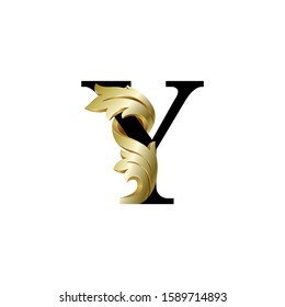Initial letter Y, 3D luxury golden leaf overlapping black sherif font on white background