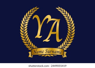 Initial letter Y and A, YA monogram logo design with laurel wreath. Luxury golden calligraphy font.