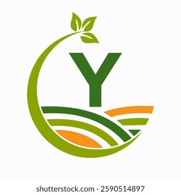 Initial Letter Y Agriculture And Farming Logo Combine With Field and Leaf Symbol