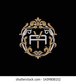 Initial letter A and Y, AY, YA, decorative ornament emblem badge, overlapping monogram logo, elegant luxury silver gold color on black background