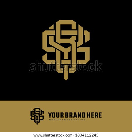 Initial letter Y, B, S, YBS, YSB, BSY, BYS, SYB or SBY overlapping, interlock, monogram logo, gold color on black background