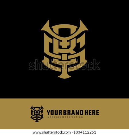 Initial letter Y, B, S, YBS, YSB, BSY, BYS, SYB or SBY overlapping, interlock, monogram logo, gold color on black background