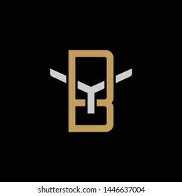Initial letter Y and B, YB, BY, overlapping interlock logo, monogram line art style, silver gold on black background