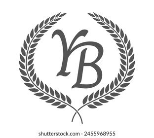Initial letter Y and B, YB monogram logo design with laurel wreath. Luxury calligraphy font.