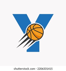 Initial Letter Y Basketball Logo Concept With Moving Basketball Icon. Basket Ball Logotype Symbol Vector Template
