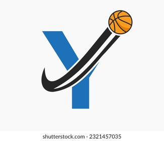 Initial Letter Y Basketball Logo Concept With Moving Basketball Icon. Basket Ball Logotype Symbol